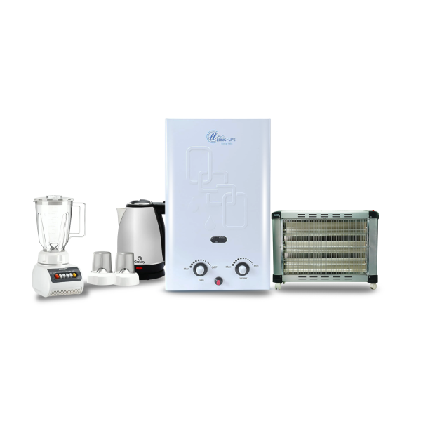 سخان لونج لايف 10 لتر س8 المطور (غاز / أنبوبة) + دفاية آكيل 5 شمعة 2900 وات + خلاط فريش جامبو  1.5 لتر مزود بـ 2 مطحنة + غلاية جروهى مياه إستانلس 1.8 لتر