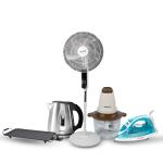 مروحة إستاند 18 بوصة بالريموت بلوتو + شواية جريل 1800 وات هوم + مكواة ملابس فريش 2200 وات + غلاية مياه إستانلس (كاتيل) 1 لتر 1370 وات هوم + كبة 2 لتر 300 وات سوكانى