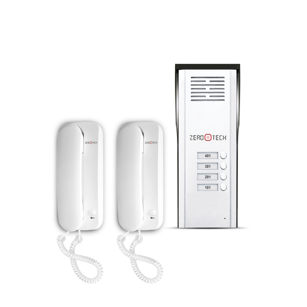 Audio intercom for villas and buildings up to 4 apartments Includes an external unit with 4 lines + 2 handsets (Up to 2 additional handsets can be added to the same system)
