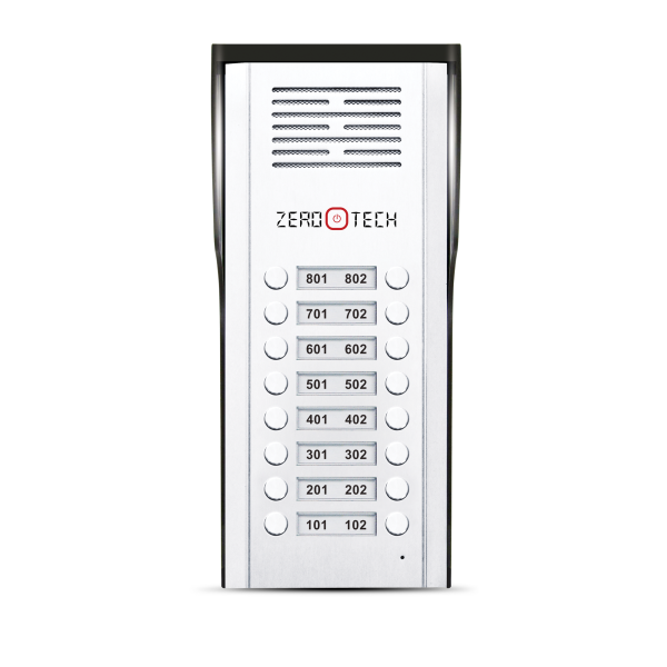 Audio intercom for villas and residential buildings up to 16 apartments – includes a 16-line outdoor unit + 9 indoor handsets (up to 7 additional handsets can be added to the same system).