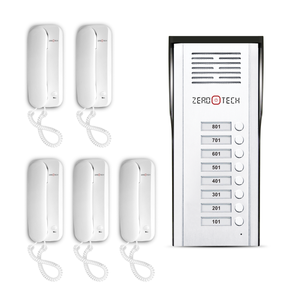 Audio intercom for villas and apartment buildings up to 8 apartments – includes an outdoor unit (8 lines) + 5 handsets (up to 3 additional handsets can be added to the same system).