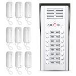 Audio intercom for villas and residential buildings up to 16 apartments – includes a 16-line outdoor unit + 9 indoor handsets (up to 7 additional handsets can be added to the same system).