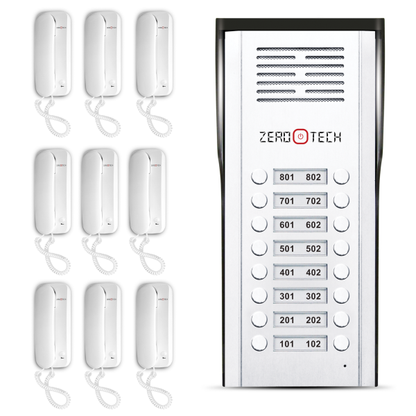 Audio intercom for villas and residential buildings up to 16 apartments – includes a 16-line outdoor unit + 9 indoor handsets (up to 7 additional handsets can be added to the same system).